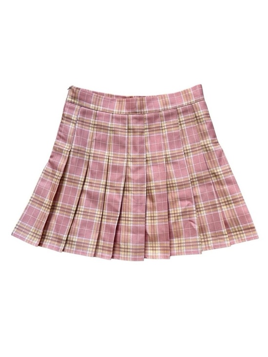 Dresses & Skirts - Plaid Pink Yellow Pleated Skirt Built In Shorts Skort Retro Schoolgirl Academia